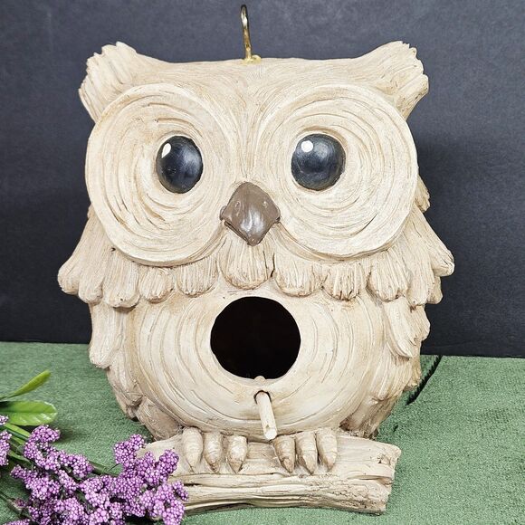Vtg Carved Garden Hanging Owl Decor Small Nesting Resin Bird House Outdoor Cream - Picture 2 of 12